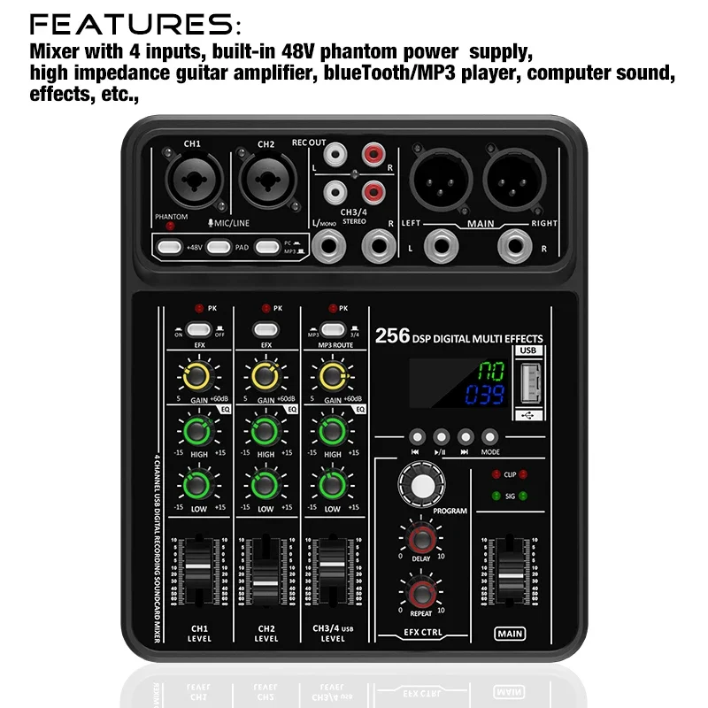 Audio Mixer 4 Channel - Audio-Interface-Mixer mit Bluetooth, USB-Aufnahme, Computeranschluss, 48V